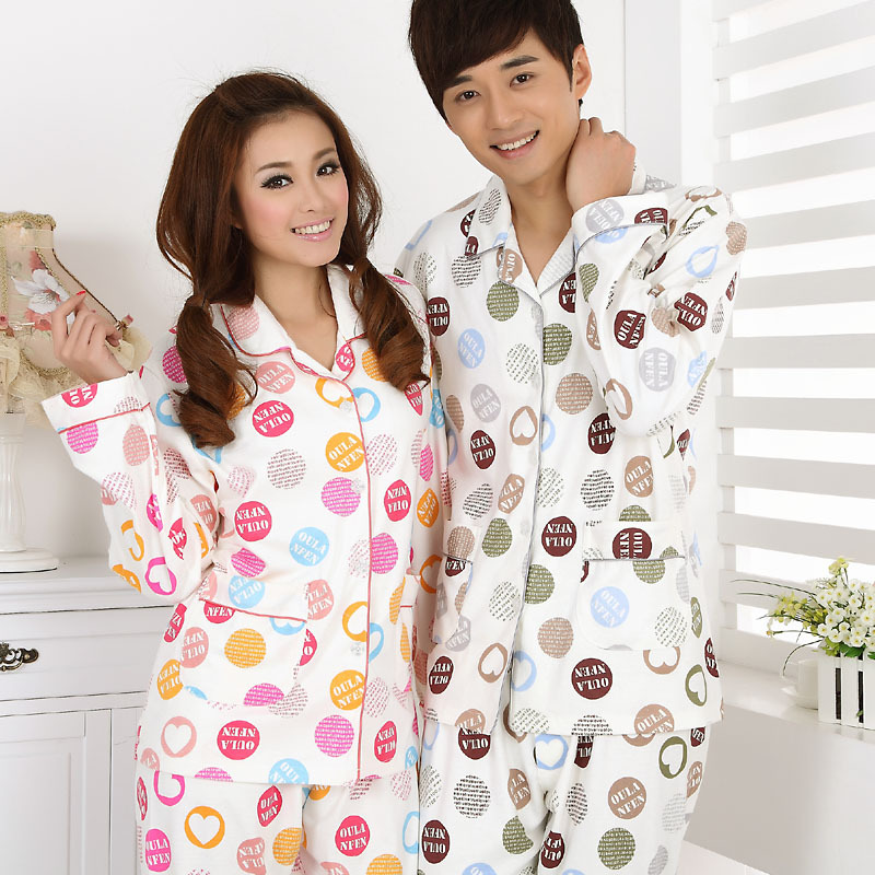 Lovers sleepwear spring and autumn long-sleeve cotton at home service male women's set turn-down collar lounge male