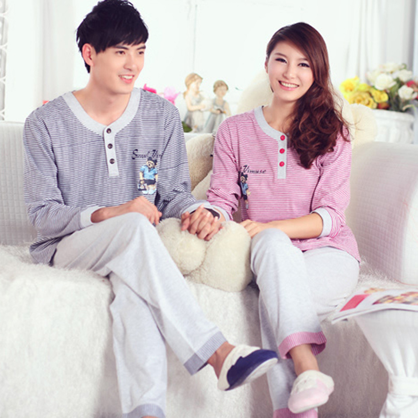 Lovers sleepwear spring and autumn long-sleeve knitted 100% cotton male women's lounge Women set
