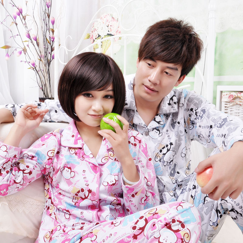 Lovers sleepwear spring and autumn male women's cotton lounge long-sleeve set