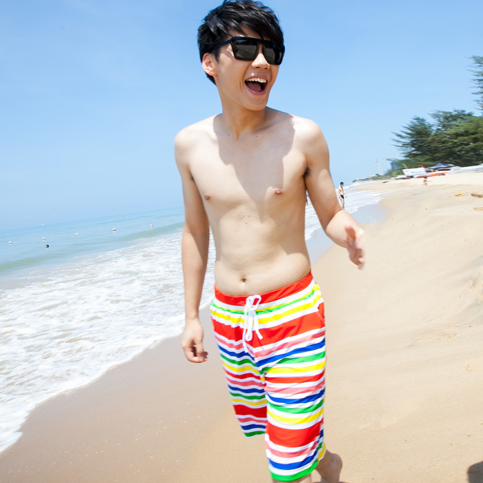 Lovers swimwear male swimming trunks stripe male belt lining male swimwear long beach pants