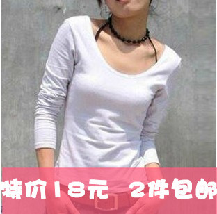 Low collar 100% cotton big o-neck candy white basic shirt long-sleeve tight t-shirt female black big u