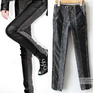 (low) Fashion normic leather pants leather patchwork jeans female trousers boot cut jeans legging pants