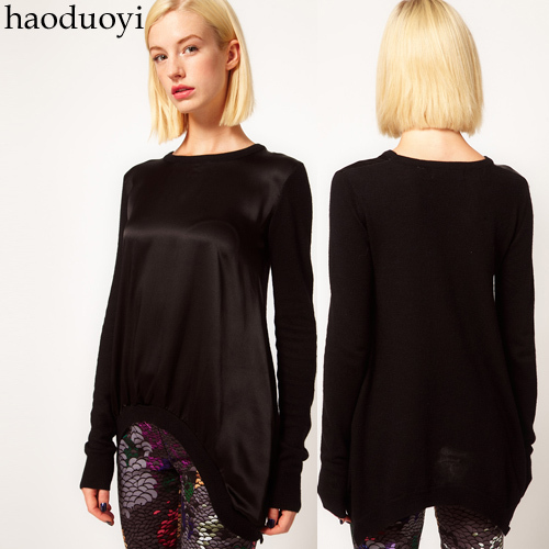 Low-high sweep black satin knitted patchwork o-neck women's long-sleeve pullover 6 full