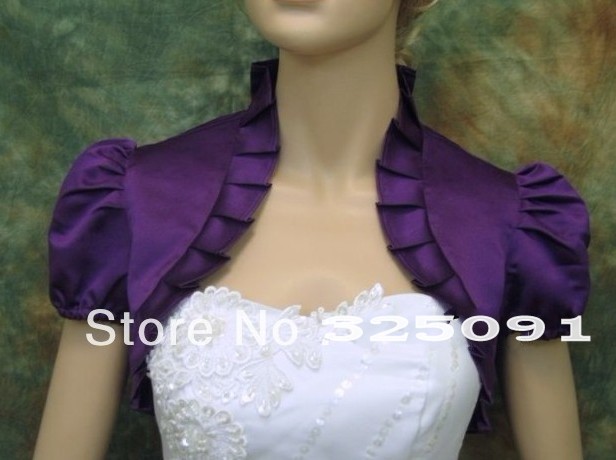 Low Price Custom Made 2013 New Style Fashional Short Sleeves Satin Purple Wedding Wraps Bridal Jacket Foamal Party Shawls Hot