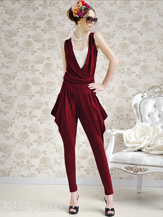 Low Price Hot Sell Gentlewomen Jumpsuits , Long Pant ,Wine Red Color ,Free Shipping