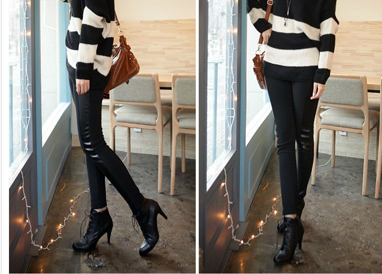 Low price sale 2013 Spring and Summer Western ladies' high quality European cotton add Fuax Leather patchwork Ninth Leggings