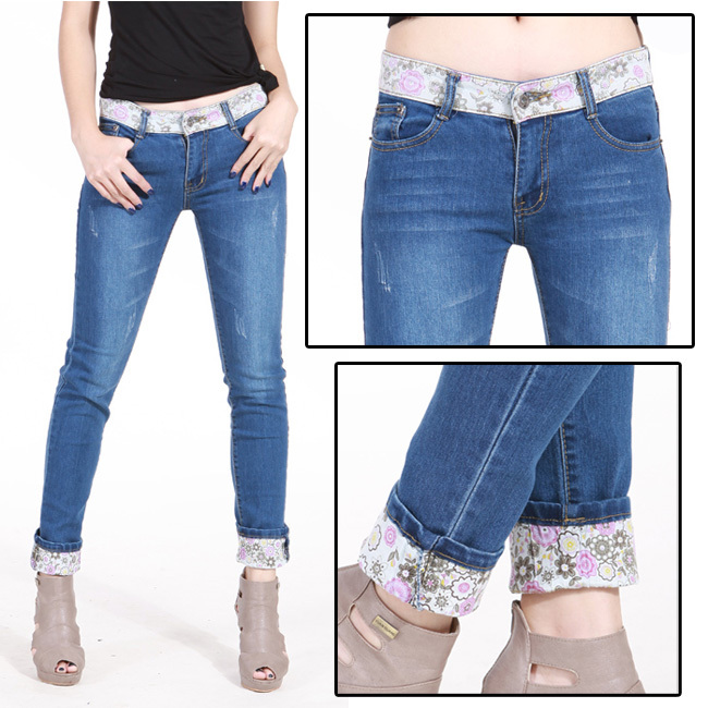Low-waist slim all-match light blue wearing white water wash roll up hem elastic jeans skinny pants female