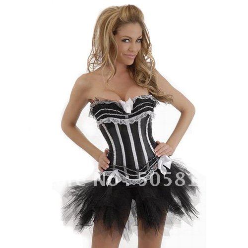 LOWEST PRICE Free shipping sexy shaper Ribbon corset  TOP bustiers Sexy Lingerie with TUTU SKIRT  G-string black CS0338