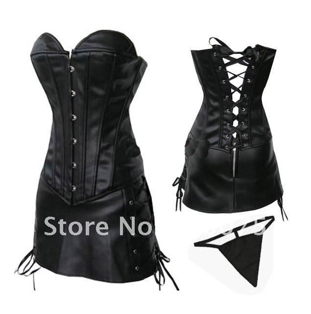 Lowest Price--Welcome wholesale--Sexy Black Gothic Busk Faux Leather CORSET Bustiers Tops Steel Boned Mini Skirt Size S M L XL