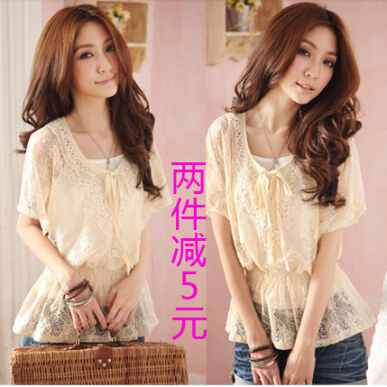LOWEST PROMOTION Spring 2013 women's chiffon shirt short-sleeve lace shirt twinset short-sleeve T-shirt plus size