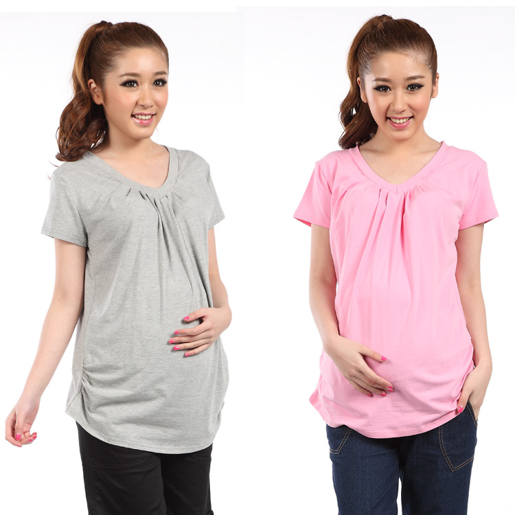LUCKBAO 2013 spring and summer maternity clothing knitted cotton 100% V-neck pleated maternity top t-shirt h9142 freeshipping