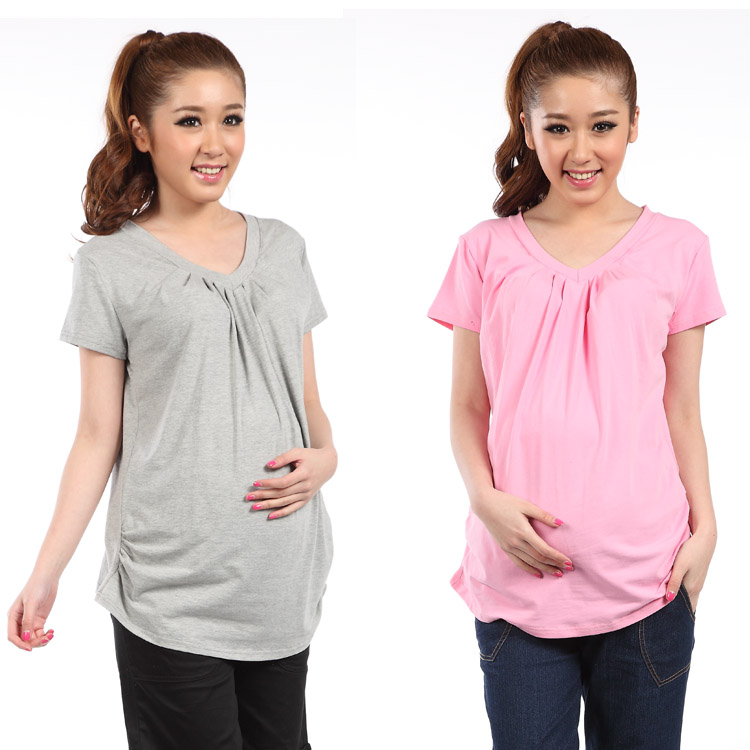 LUCKBAO 2013 spring and summer maternity clothing knitted cotton 100% V-neck pleated maternity top T-shirt summer