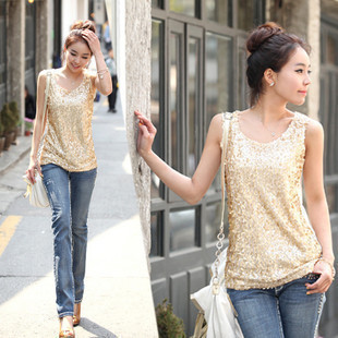 Lucky 2012 women's long design loose vest female paillette sleeveless basic spaghetti strap top 100% cotton