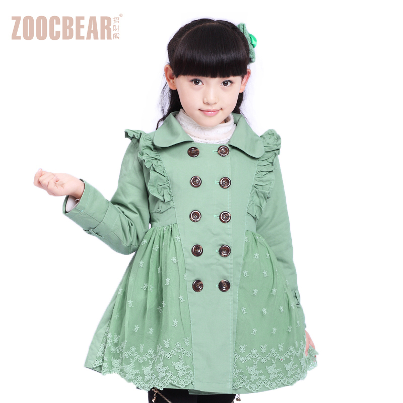 Lucky children's clothing female child autumn trench lace patchwork double breasted medium-long overcoat 8177