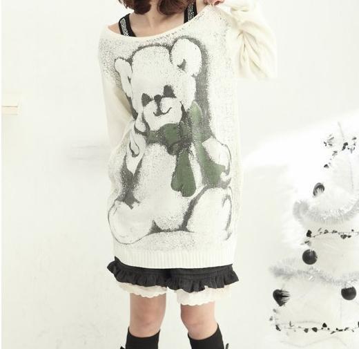 Lucky new arrival bear print o-neck long design sweater