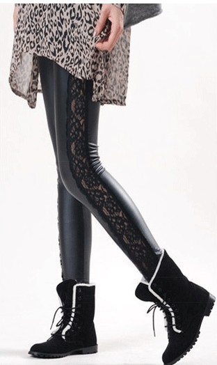 LuLu pvc Black sidepiece lace decoration fashion slim stovepipe pantyhose 7792