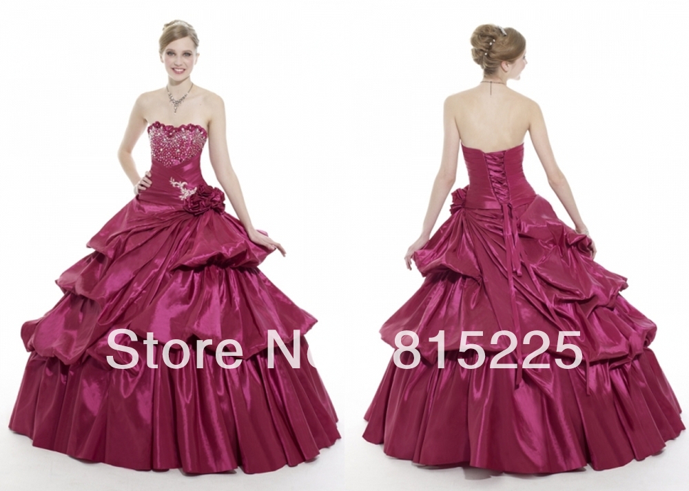 Lustrous A-Line Quinceanera Dress Gown Sweethreart Beaded Applique Bodice Handmade Flower Taffeta Pleat Bandage Back Tiered Hot
