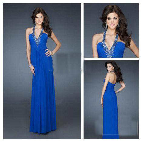 Luxuriant Halter Sequin and Beaded Royal Blue Chiffon A-line Long Dresses 2013