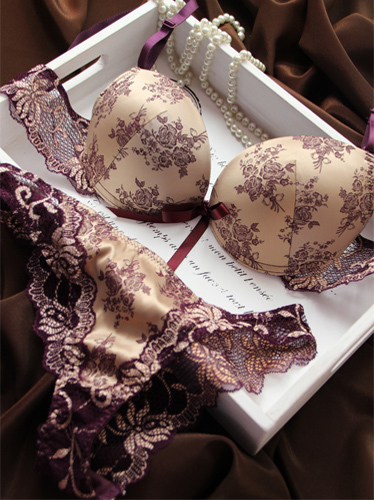 Luxurious and noble deep V-neck lace bra set single breasted t push up underwear flower silks and satins bra