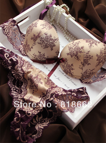 Luxurious Noble Deep V-neck Lace Bra Set Push Up Underwear Set Flower Silks And Satins Bra And Panty Set