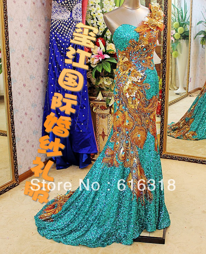 Luxury Appliques Peacock Formal Dress Spring Festival Gala Hostess Costume Bridal Wedding or Evening Dress Free Shipping