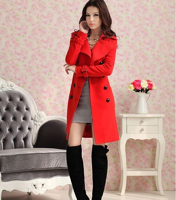 Luxury autumn and winter women red double breasted belt woolen overcoat