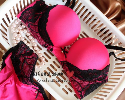 Luxury fashion lace cup push up bra set black rose beige