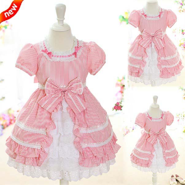 luxury flower girl dress with pink stripe 3~13T cheap Princess skirt sweet kid evening frocks/gown child party TuTu perform wear