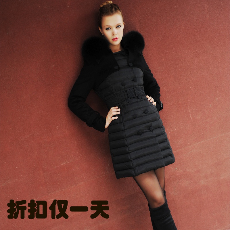 Luxury fox fur wool patchwork thickening slim female medium-long down coat