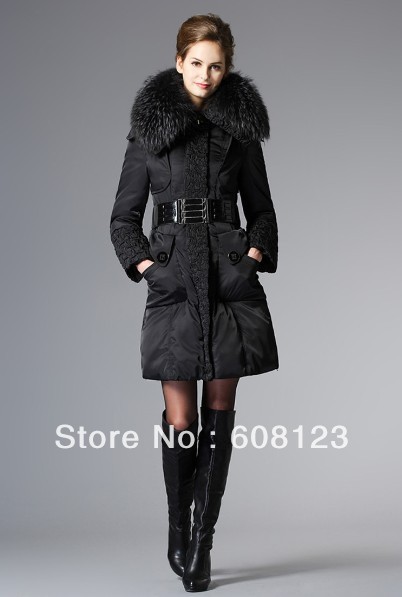 luxury large fur collar women elegant design white duck down coat hooded long thickening waisted fur down jacket for lady winter