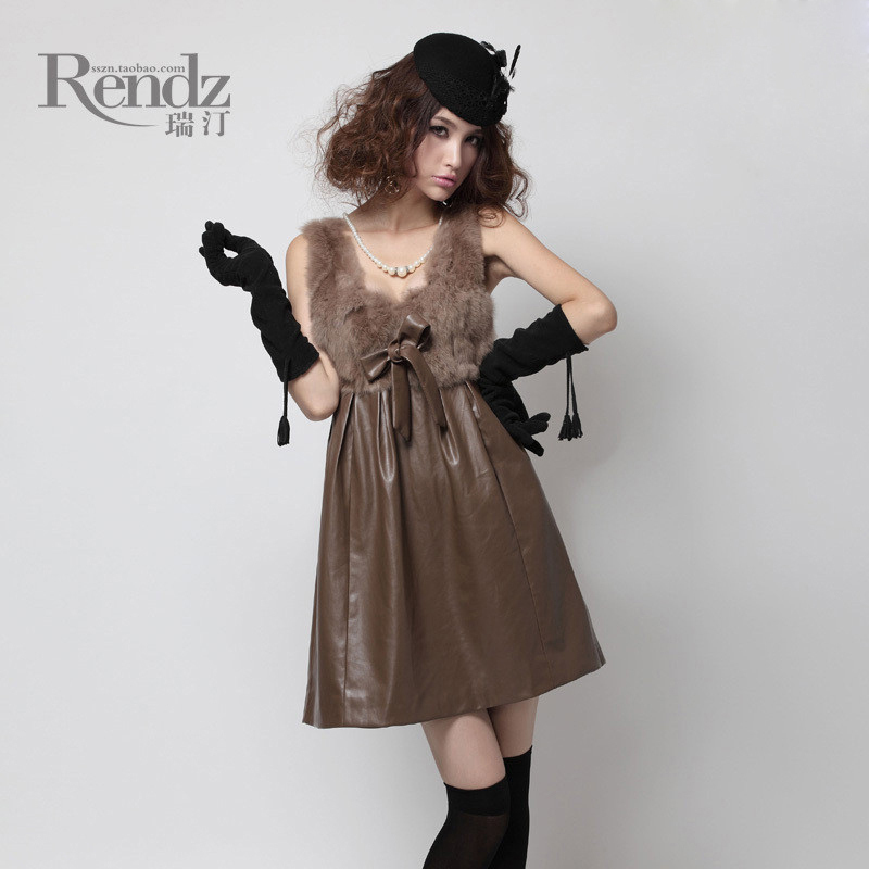 Luxury leather 2013 PU bow rabbit fur 9079 one-piece dress