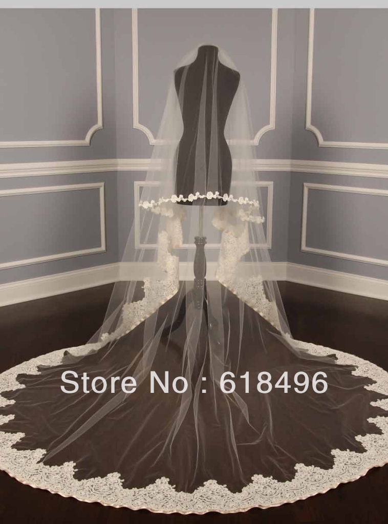 Luxury One layer cathedral length lace flower edge wedding Bridal veils white ivory long head tulle accessories hot sale