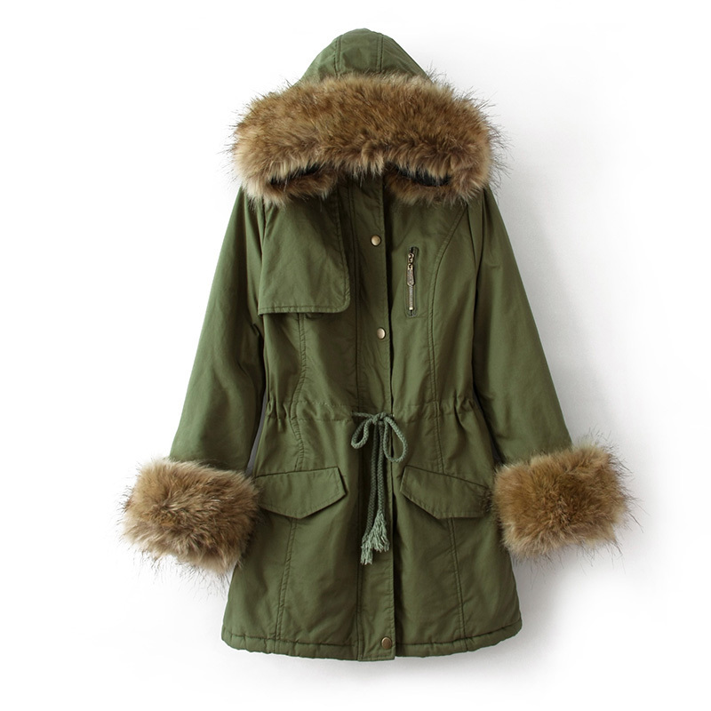 Ly819-2013 hooded cuff detachable drawstring slim waist Army Green wadded jacket big trench