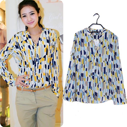 M/L Plus Size Fashion Casual Geometric Long Sleeve Blouses For Women 2012 Autumn N6399