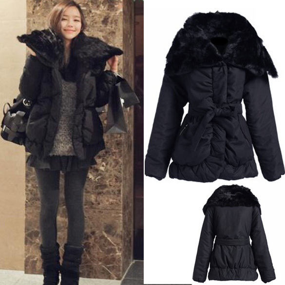 M,L Women's Ladies Winter Warm Outwear Fur Collar Cotton-Padded Coats wadded jacket Black free shipping 9556