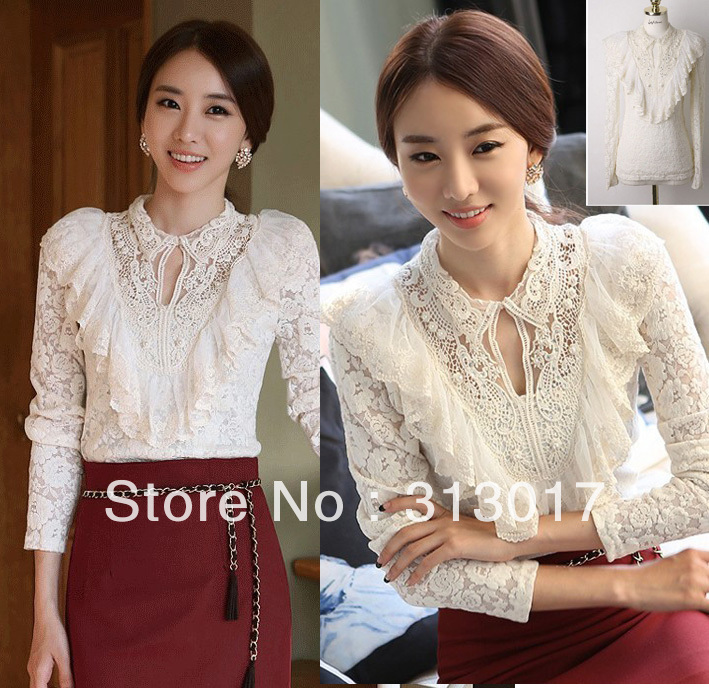 M-XXL Free Shipping plus size Women's spring women's lace basic shirts female long-sleeve slim shirts and lace blouse#XN01