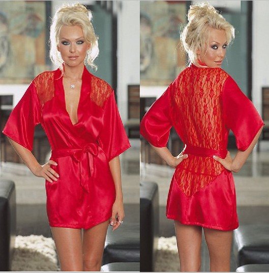 M~XXL plus szie 2 colors Sexy women satin robes Lady lace lingeries night sleepwear black red Free shipping drop shipping  KC348