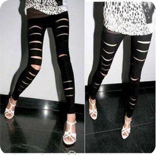 M118 2012 autumn dull faux leather hole legging tights ankle length trousers