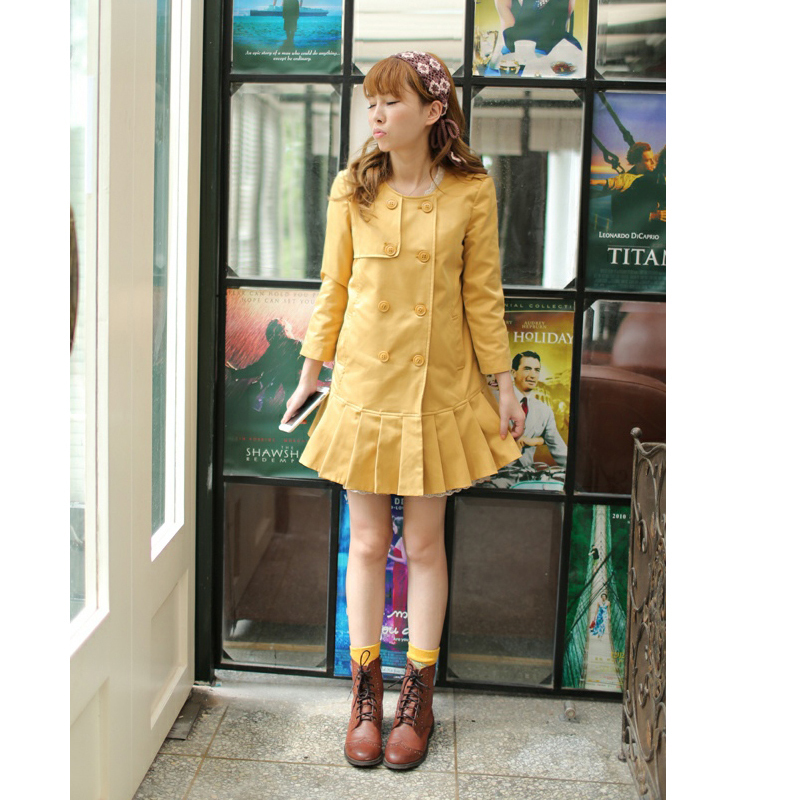 M1347mimius2012 female stereo pleated low-waist o-neck long-sleeve double breasted trench outerwear