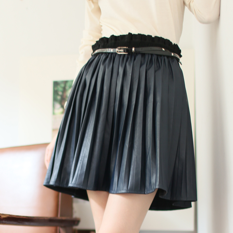 M1471mimius 2012 sweet pleated elastic high waist leather bust skirt short skirt
