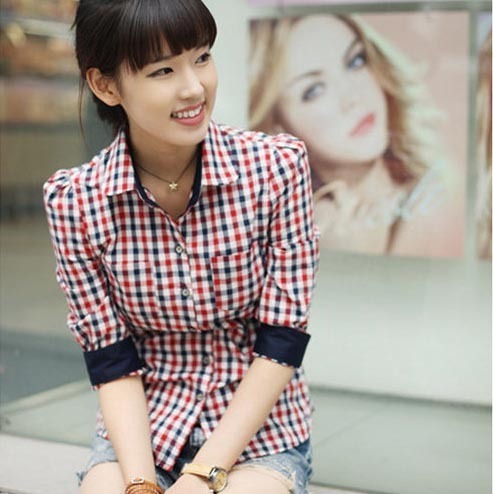 M17 women's 2012 autumn all-match gentlewomen preppy style cotton shirt half sleeve plaid shirt