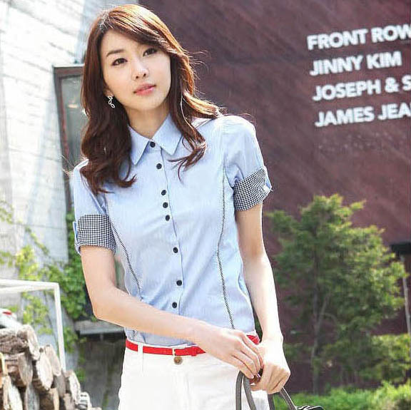 M17 women's 2012 summer OL outfit slim career shirt plaid color block decoration short-sleeve shirt