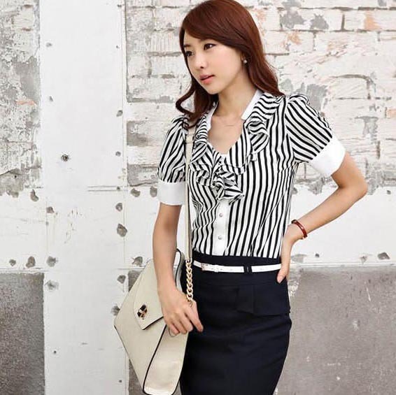M17 women's 2012 summer ol ruffle chiffon shirt female short-sleeve stripe chiffon shirt