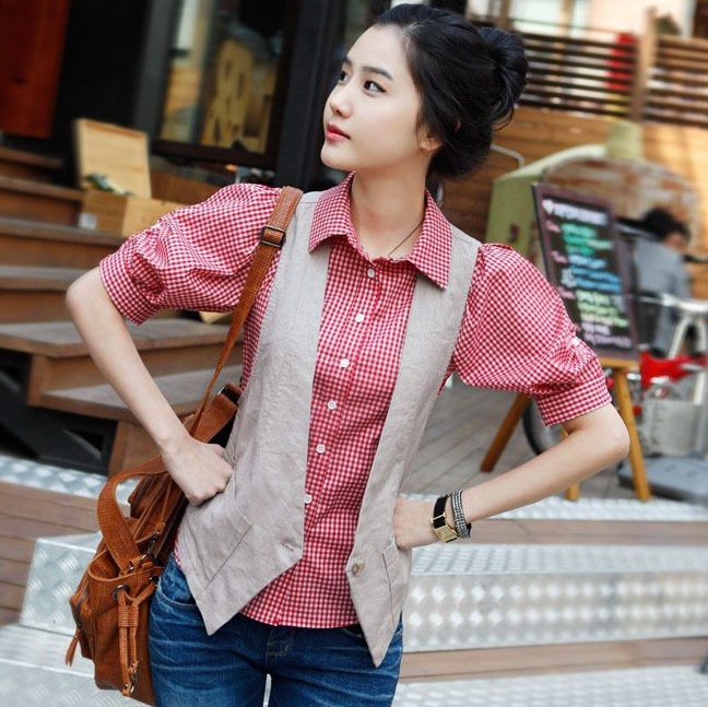 M17 women's 2012 summer preppy style gentlewomen elegant 100% cotton female shirt short-sleeve plaid shirt