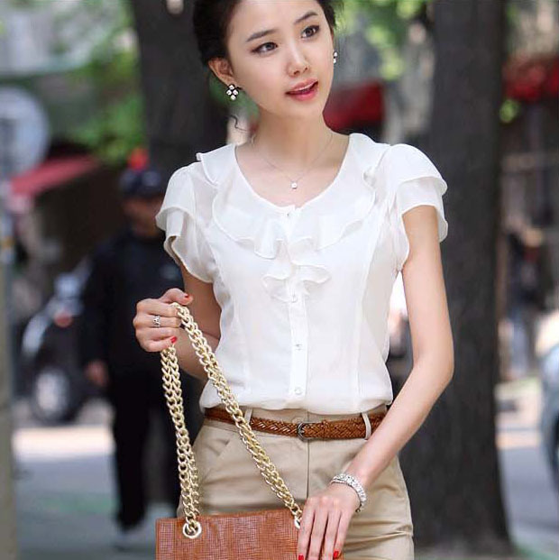 M17 women's 2012 summer ruffle shirt sweet gentlewomen chiffon shirt short-sleeve chiffon shirt