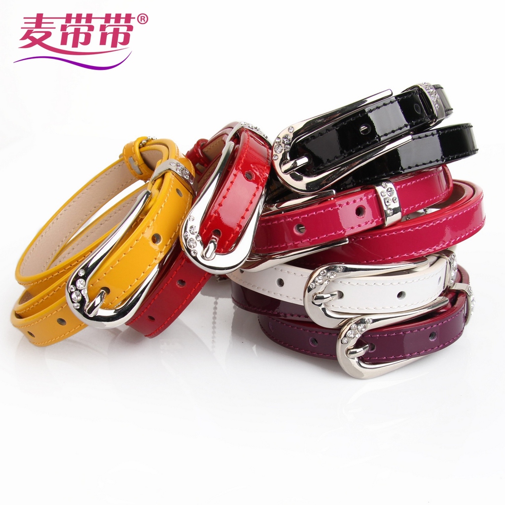 M2 d 2 piece set rhinestone buckle candy color japanned leather women's belt genuine leather cowhide small strap