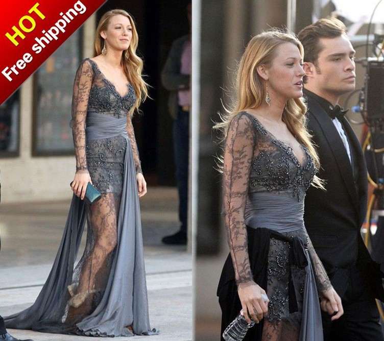 M337 Free Shipping Gossip Girl Blake Lively Zuhair Murad Long Sleeves Lace Grey Evening Dresses Evening Gown 2013 Prom Dress