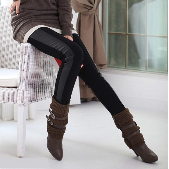 M342 leather pants boot cut jeans pencil pants patchwork plus size legging female autumn and winter winter warm