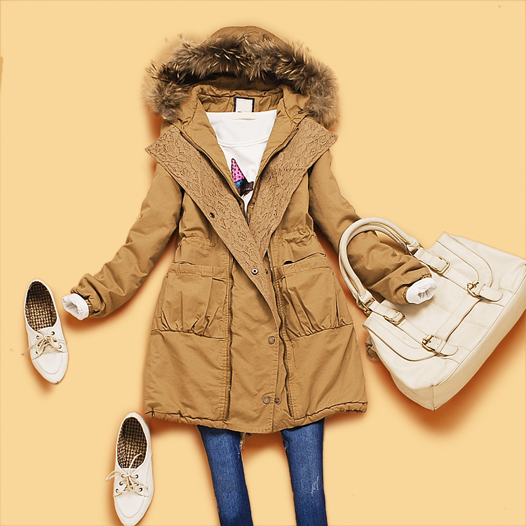 M4-2-3 winter women's with a hood raccoon fur sweet laciness loose wadded jacket outerwear cotton-padded jacket