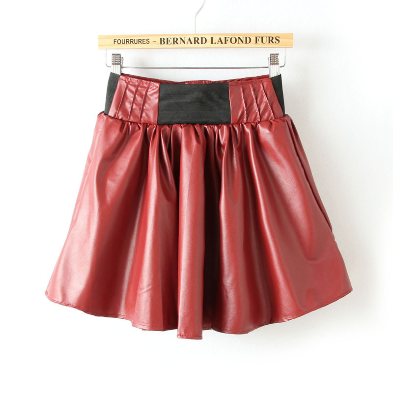 Magazine fashion elegant elastic waist PU expansion skirt fluffy short skirt leather skirt bust skirt